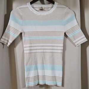 Elie Tahari Cream, Light Blue & Tan Striped Short Sleeve Tee